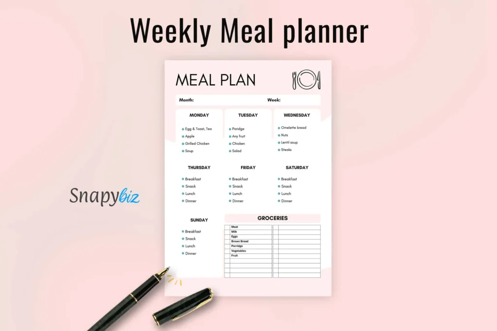 Minimalist Weekly Meal Planner – A printable meal planner with a structured format, displayed with a pen, emphasizing its usability for meal organization.