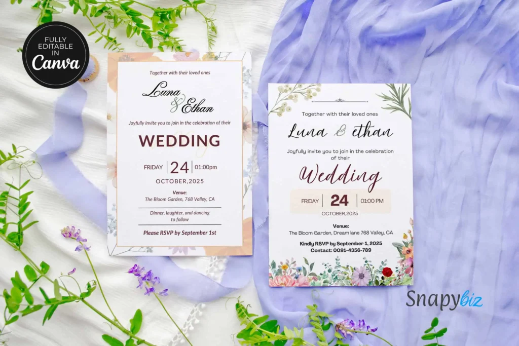 A wedding invitation template set displayed on a textured fabric with floral and ribbon decorations. The templates showcase different designs, emphasizing full Canva editability.