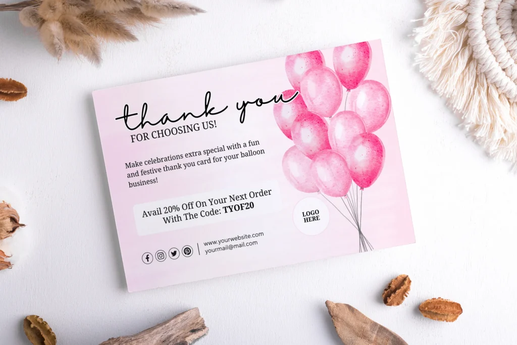 Free thank you card template for balloon business with fun and festive balloon illustrations and social media icons.