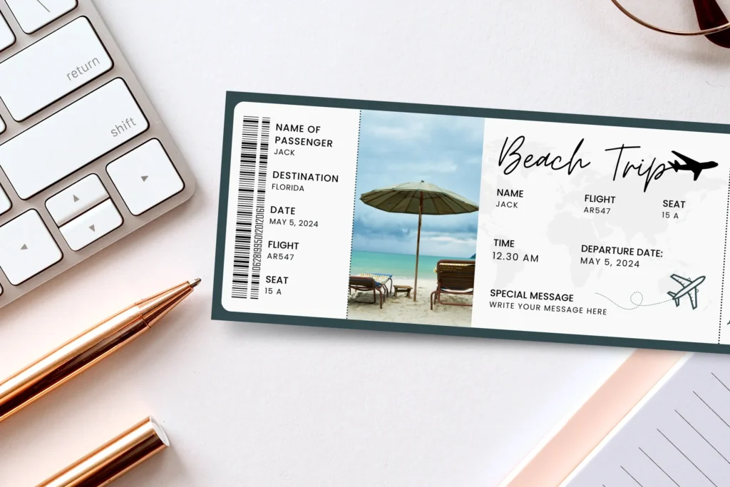 Editable beach trip ticket template with ocean and umbrella background, Canva printable boarding pass design for surprise vacations.