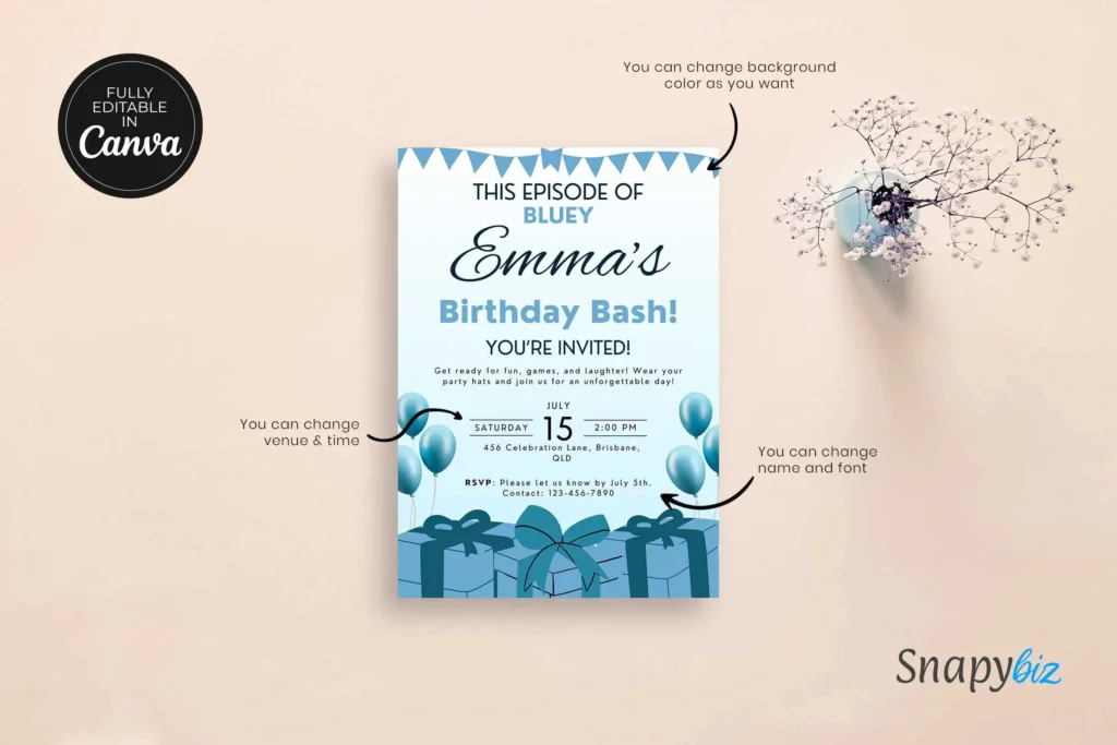 A birthday invitation card for "Emma's Birthday Bash" in blue, set against a beige background with floral decor, highlighting customizable elements such as background color, venue, time, name, and font.