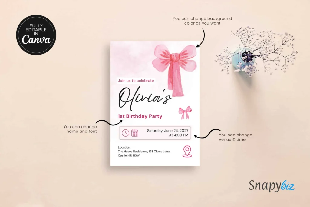 A close-up of the invitation displaying the event date and time with a delicate pink ribbon illustration.