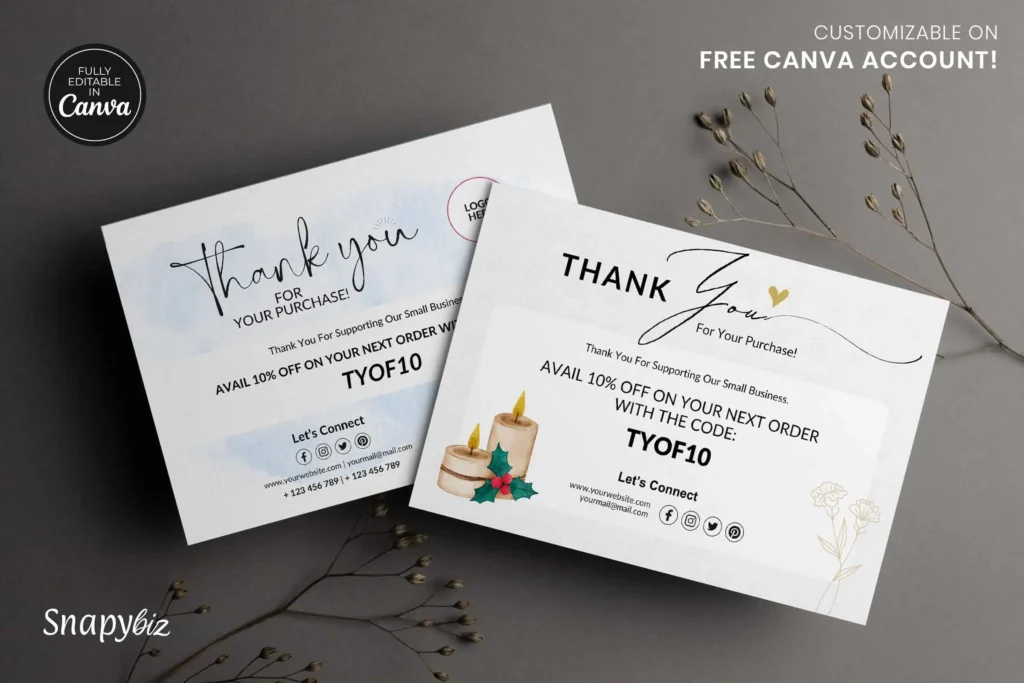 Flat lay of two thank you cards on a dark background with dry florals; both cards are editable in Canva, customizable with a free account, and show discount details with festive candle illustrations.