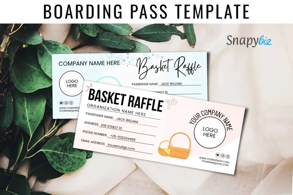 A promotional image showcasing the raffle ticket template against a leafy background, featuring the Snapybiz logo and highlighting the editable nature of the template.