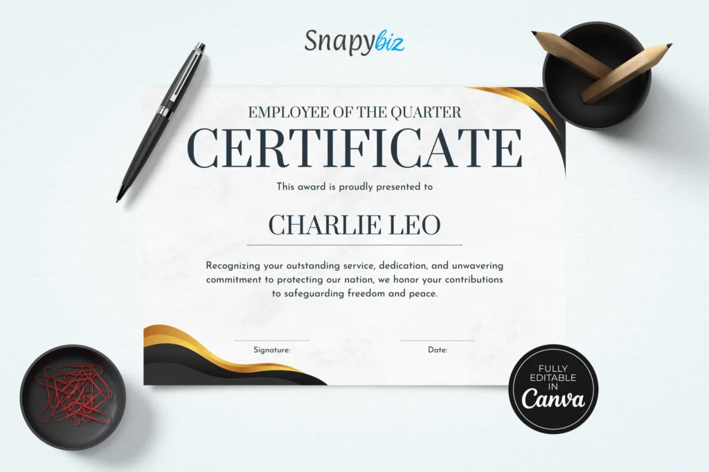 A premium employee recognition certificate with a gold and black wavy border, featuring the name "Charlie Leo." The certificate is presented on a desk with office supplies, emphasizing its professional appeal.