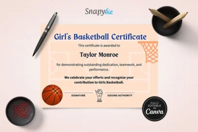 A beige basketball certificate template placed on a desk with office supplies. The design features a basketball icon, a hoop in the top corner, and editable fields for recipient name, signature, and issuing authority.