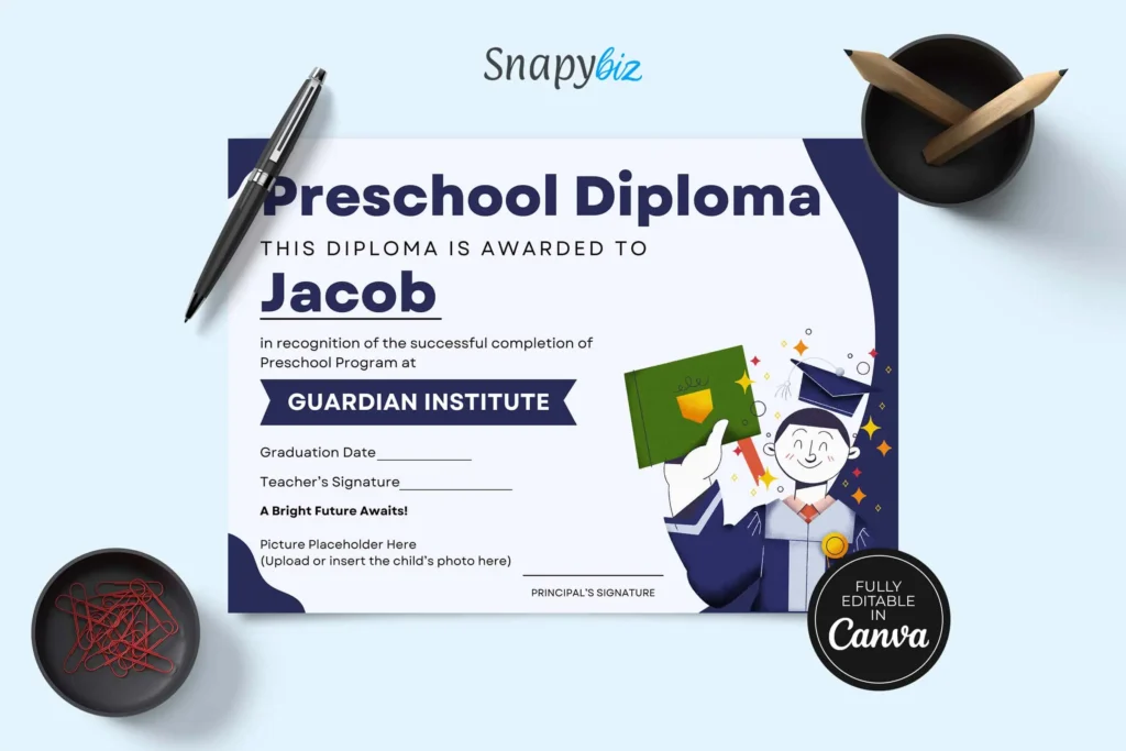 Navy-themed preschool diploma for Jacob with an illustrated graduate holding a certificate, shown with stationery items.