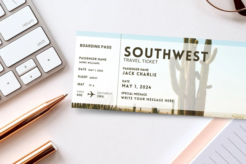 Realistic mockup of Southwest travel ticket template placed on a desk with office supplies, featuring editable Canva boarding pass with cactus design.