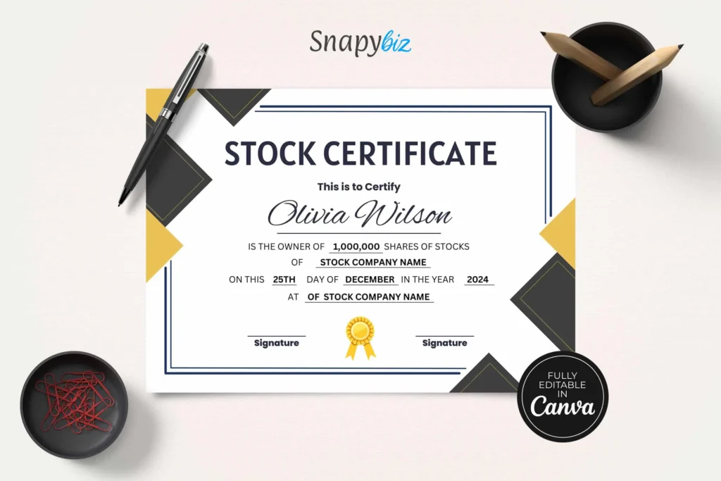 A close-up view of a stock certificate template with a clean, structured layout. A black pen and a cup filled with wooden pencils are placed next to the certificate, enhancing the professional presentation.