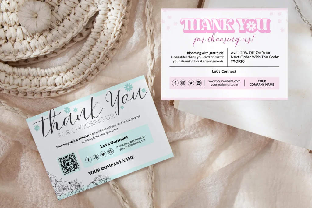 Aesthetic flower business thank you card mockup on natural background, displaying delicate floral design and editable text area.