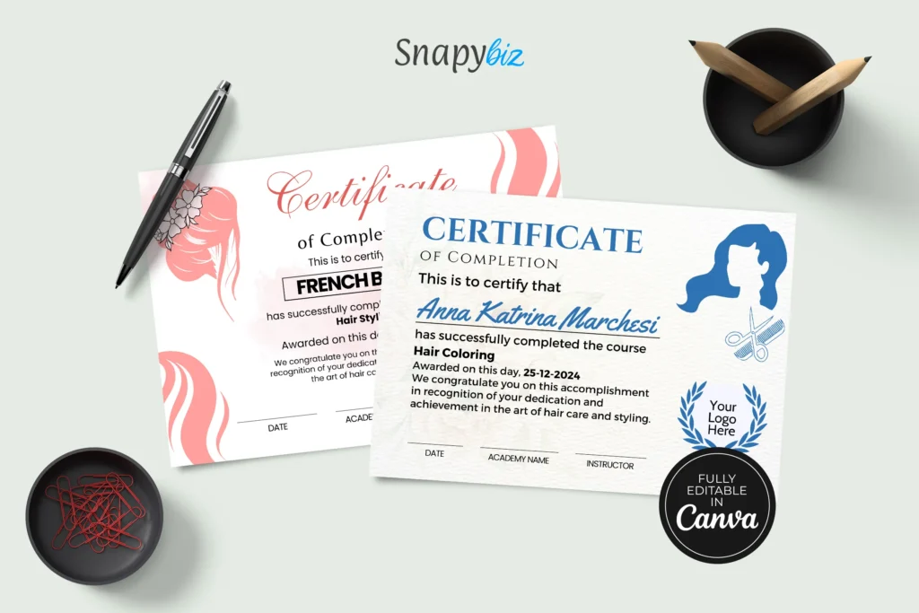 Hair salon certificate templates for hairstyling and hair coloring courses with professional design, editable in Canva, displayed with stationery like pen and clips.