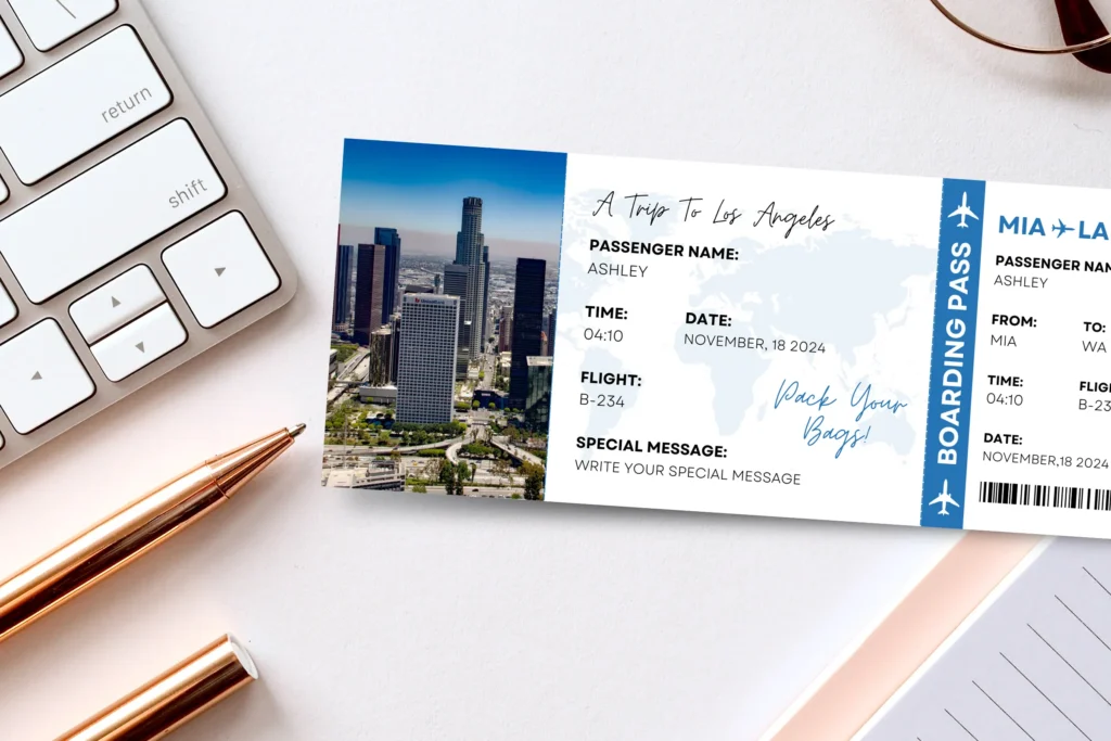 Close-up of Los Angeles surprise gift boarding pass template featuring skyline background, editable fields, and personalized message area, perfect for Canva users.