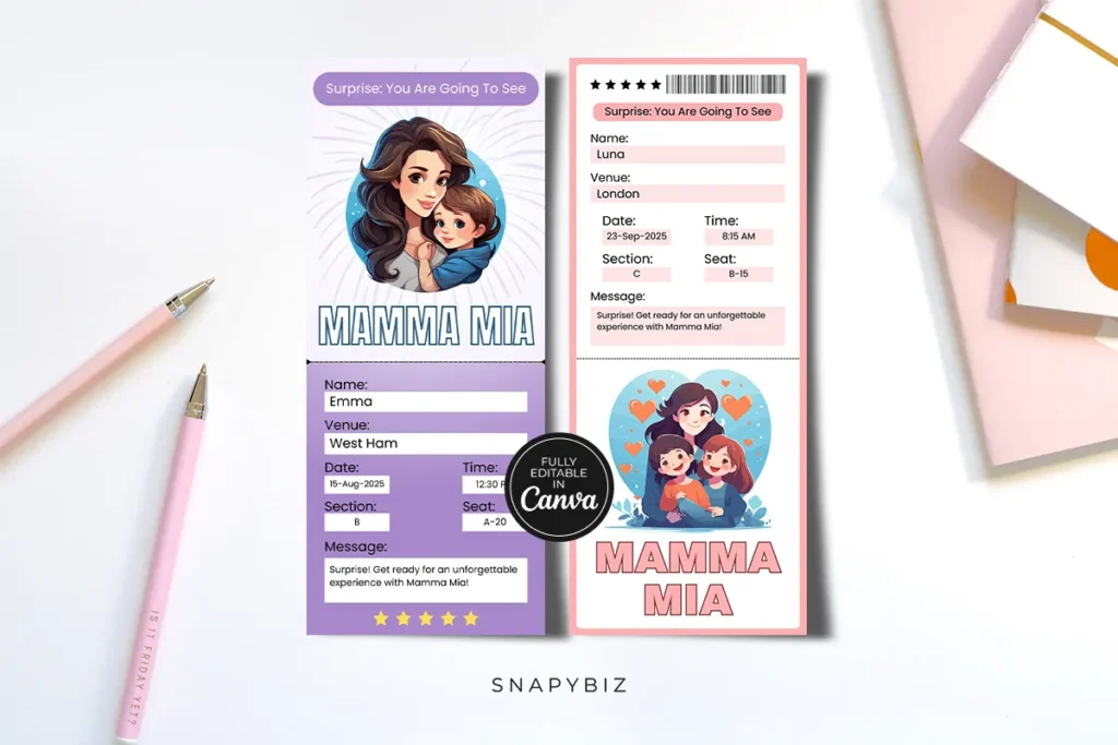 Two editable Mamma Mia Broadway surprise tickets with cartoon-style mother and child illustrations, customizable name, venue, date, and message.