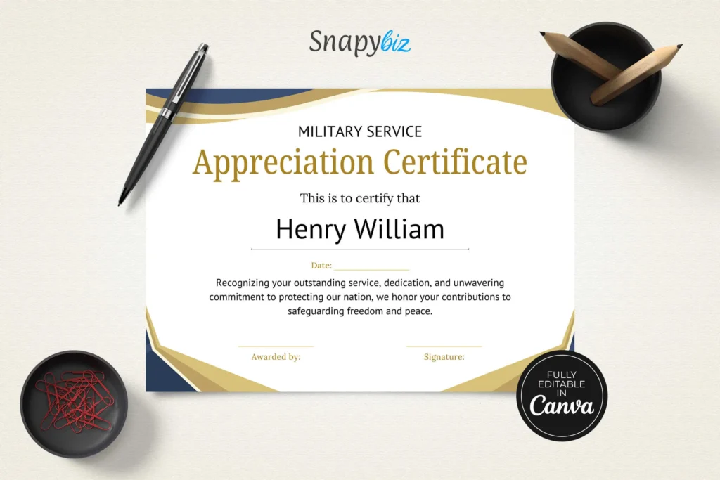 A promotional image showcasing two variations of the military service appreciation certificate, one with a gold and navy blue theme and the other with a black and gold geometric design. A "Canva Editable" banner is displayed.