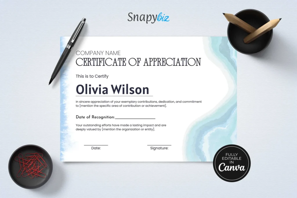 A close-up of a certificate of appreciation with a blue watercolor border, displaying the name Olivia Wilson. The certificate is customizable, allowing users to edit text, colors, and fonts, making it ideal for professional recognition.