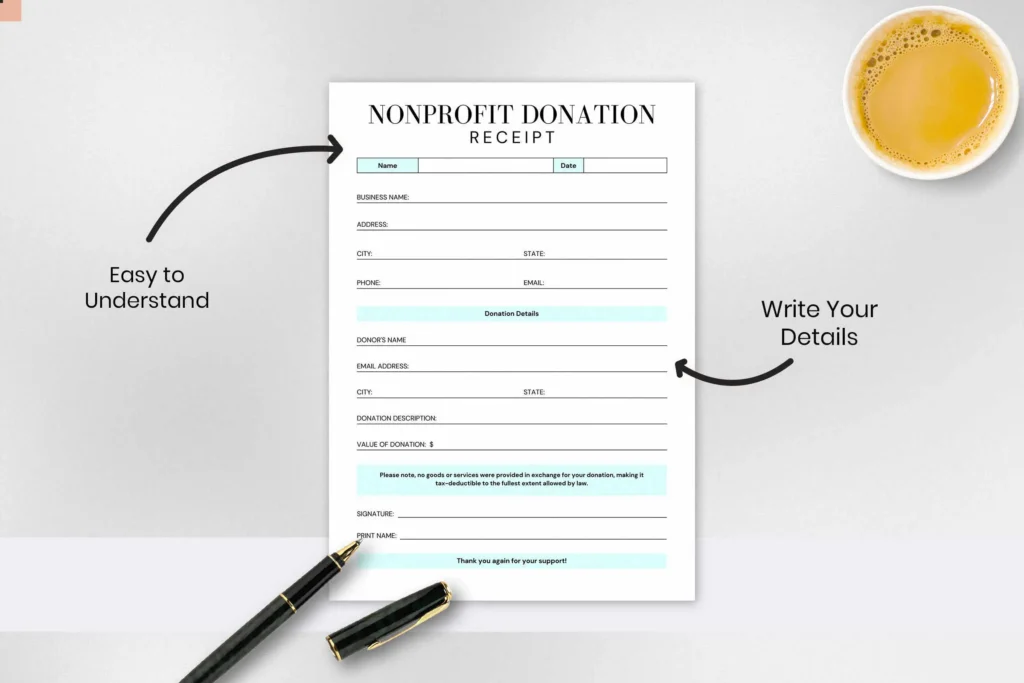 A close-up of the nonprofit donation receipt template, with arrows pointing to the name and date fields, indicating that the template is easy to understand and allows users to write their details.