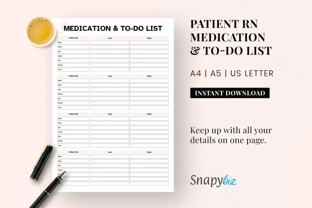 A printable patient RN medication and to-do list template with a structured format to organize patient information, lab results, and vitals, displayed on a beige background with a cup of coffee and pens.