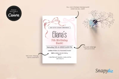 A pink-themed birthday invitation for Eliana’s 7th Birthday Bash displayed against a white marble background. To the right, a guide with step-by-step instructions on how to use the template, including downloading, editing, and printing.