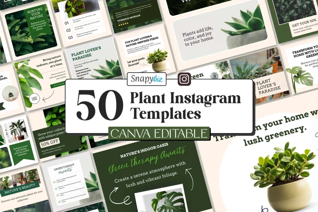 A promotional banner advertising 50 plant Instagram post templates, mentioning their Canva editability and the ability to customize font, size, and color.