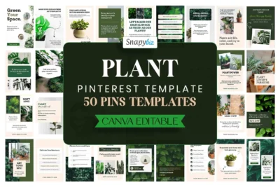 A collection of Pinterest plant template designs with a dark green theme, featuring "Plant Pinterest Template" and "50 Pins Templates" highlighted in bold typography.