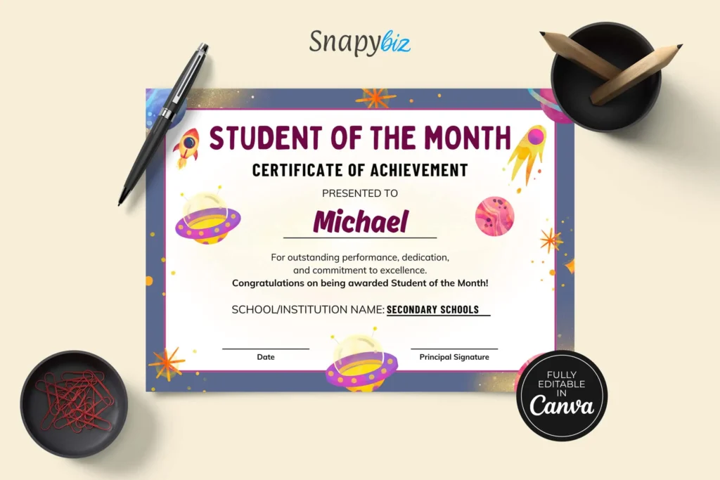 Framed certificate for "Student of the Month" awarded to Michael, with a colorful space theme and editable Canva elements.