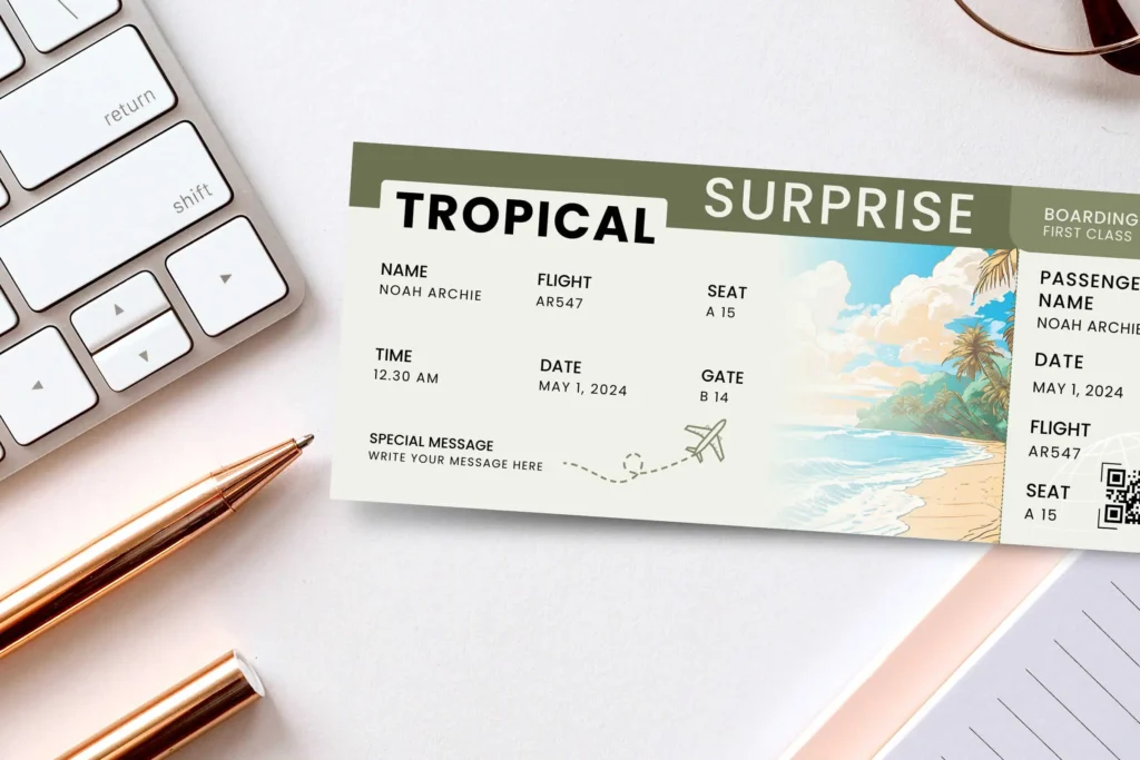 Two different boarding pass designs displayed on a wooden table, one with a green and tropical theme, the other with a red and white bold text style. A banner highlights that the boarding pass size is 8.35 x 3.5 inches and is fully editable in Canva.