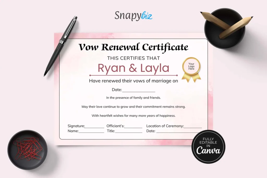 A vow renewal certificate template in a soft pink color theme, presented with writing accessories like a pen and paper clips for a realistic setting.