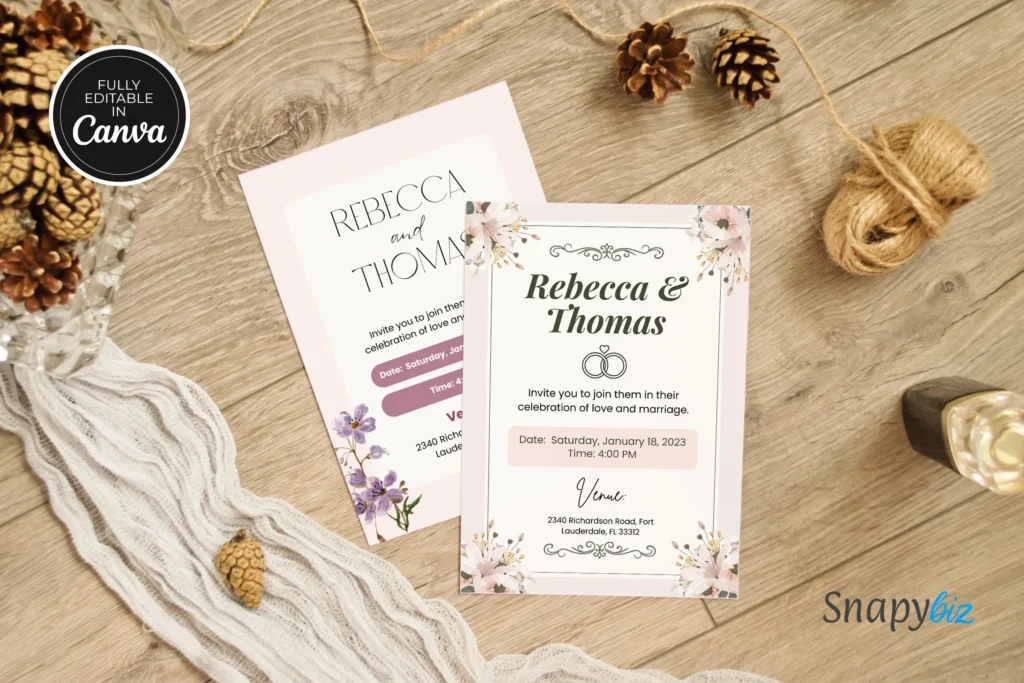 Stylish wedding pocket invitation template featuring two card versions on a wooden background with rustic decorative elements.