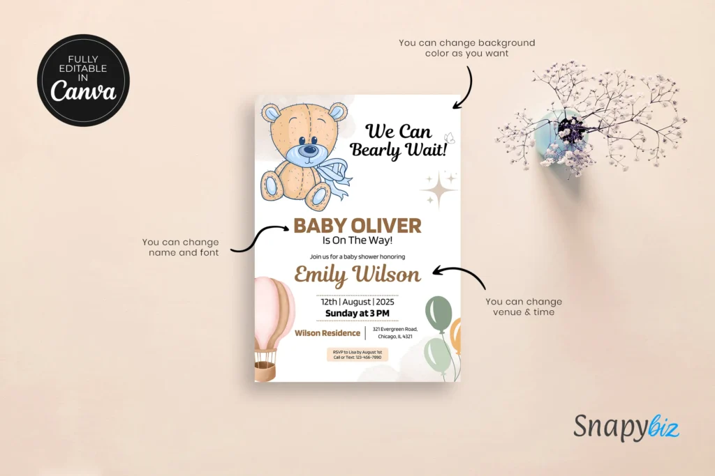 Editable bear baby shower invitation template featuring a cute brown bear with balloon and star decorations, showing editable sections for name, venue, and date.