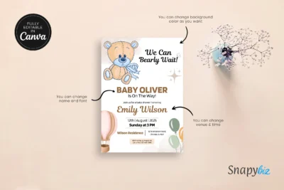 Editable bear baby shower invitation template featuring a cute brown bear with balloon and star decorations, showing editable sections for name, venue, and date.