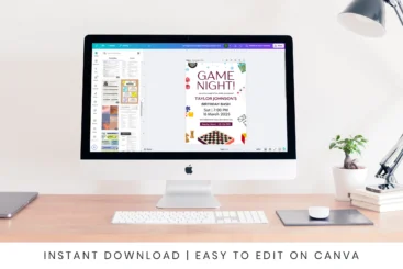 Digital Game Night Birthday Invitation It 22 Feature Images 9 Game night invitation template open on a desktop in canva editor, shown on a clean office desk setup, emphasizing easy editing and instant download.
