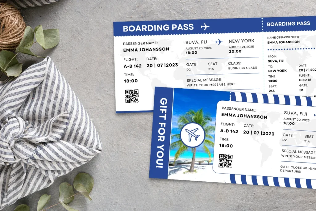 Styled flat lay with striped fabric wrap and gift leaves featuring two Fiji boarding passes showcasing design and travel details for editable Canva usage. Main keyword: Fiji boarding pass template
