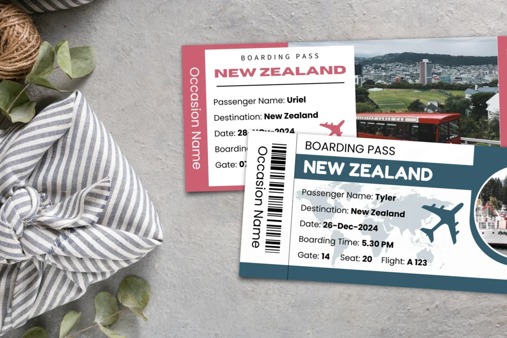Editable boarding passes placed next to twine and leaves on a grey surface, showcasing both red and blue designs with travel itinerary and customizable elements.