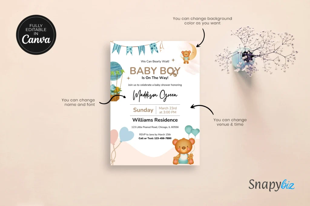 Gender neutral bear baby shower invitation template mockup with floral vase and edit pointers, showing editable name, time, venue, and background color, ideal for personalizing a baby shower card.
