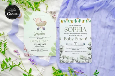 Two baby shower invitation cards laid side-by-side on a white and lavender fabric, with greenery and floral decor, highlighting editable designs via Canva.