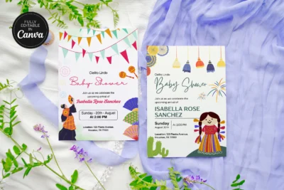 Side-by-side view of two editable baby shower invitations with soft pastel green and floral themes.