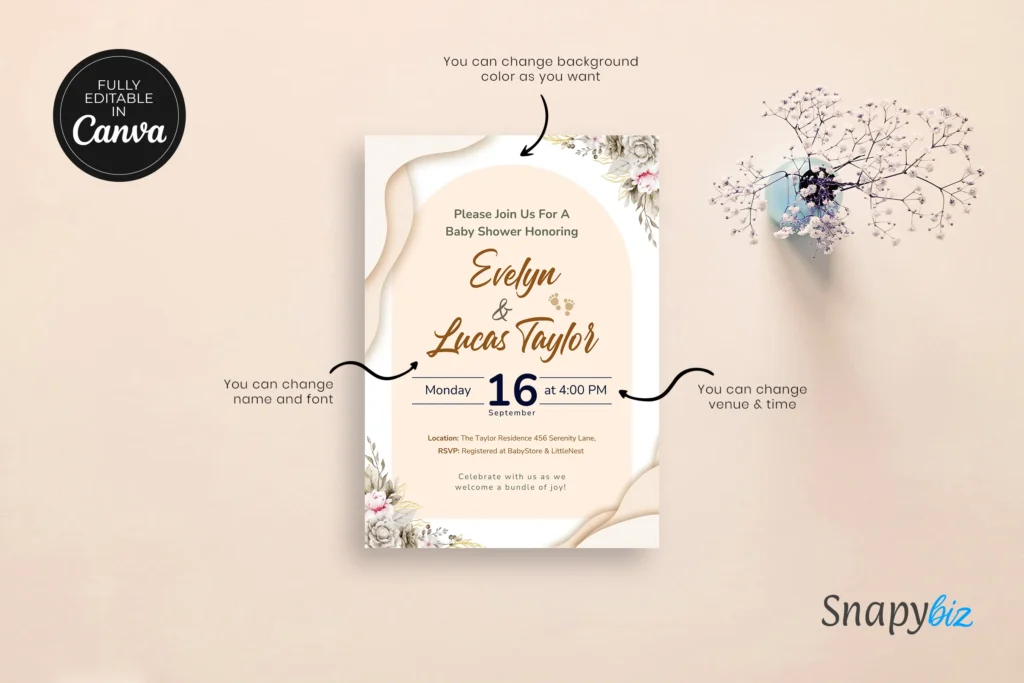 Editable wedding invitation template with arrows showing customizable areas like name, font, venue, and background color on a soft beige background.