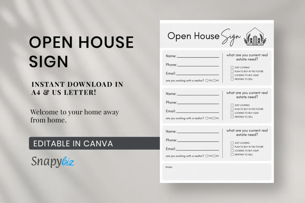 A minimalistic Open House Sign template with fields for name, phone, email, and real estate needs, shown on a light background with bold black typography.