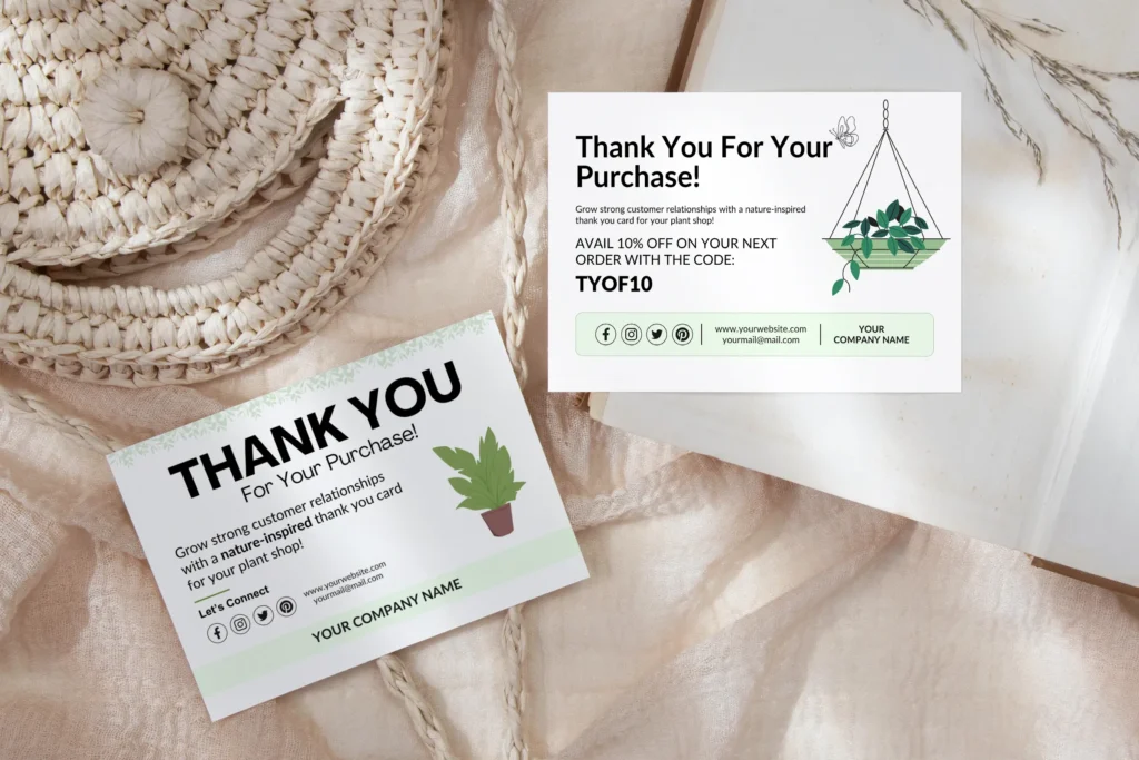 Nature-inspired thank you card templates with woven texture props, editable in Canva, including one card offering discount and another focusing on building customer relationships for plant-related businesses.