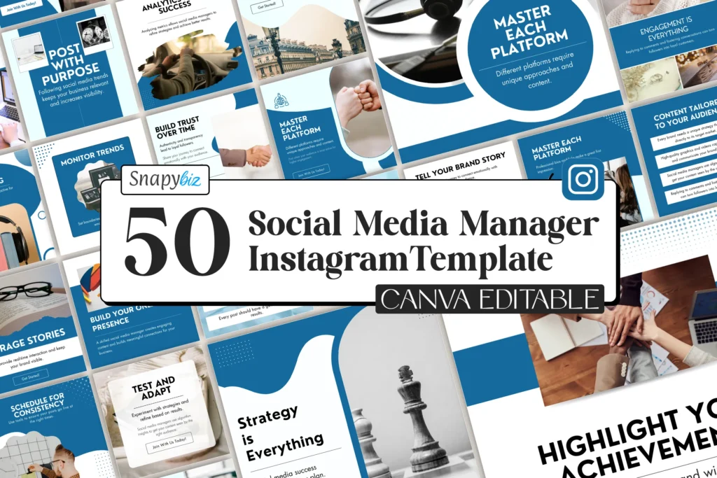A collection of bold and professional Social Media Manager Instagram Template designs showcasing strategic content ideas, platform mastery, and marketing visuals, perfect for boosting brand presence and client engagement online.