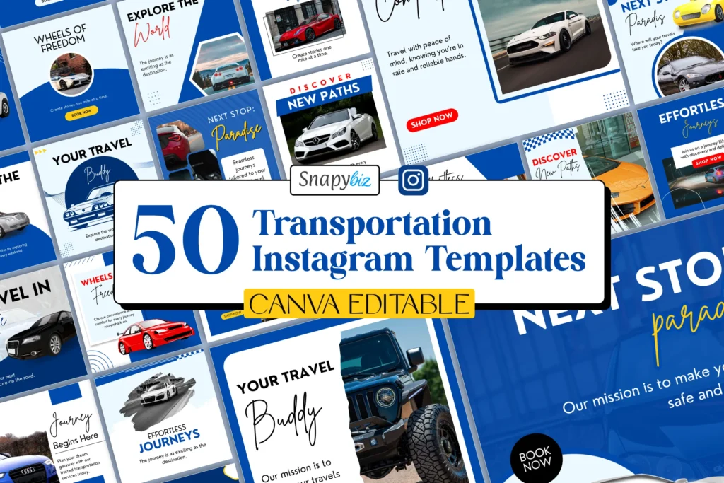 A collection of 50 editable Canva Instagram templates for transportation, featuring stylish car-themed designs with bold headlines and vibrant colors, ideal for promoting travel or automotive services.