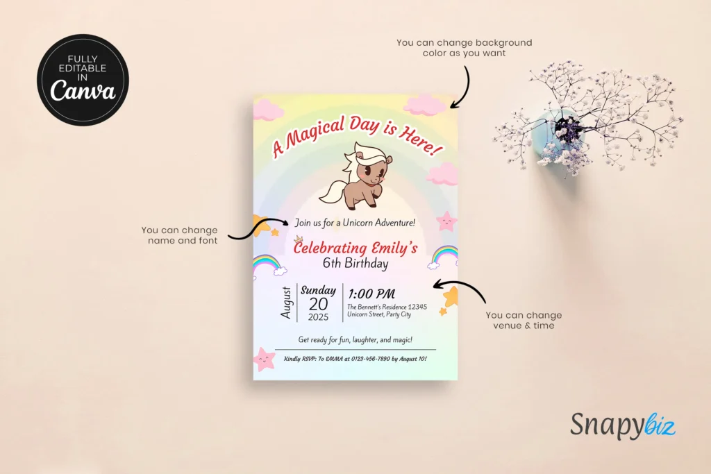 Editable Guide Image – Unicorn Invite Unicorn birthday card with arrows pointing to editable text areas like name, background, and time, styled on a minimal beige backdrop.