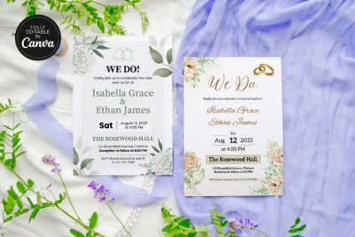 Side-by-side display of two stylish wedding invitations with floral elements on a soft purple fabric background.