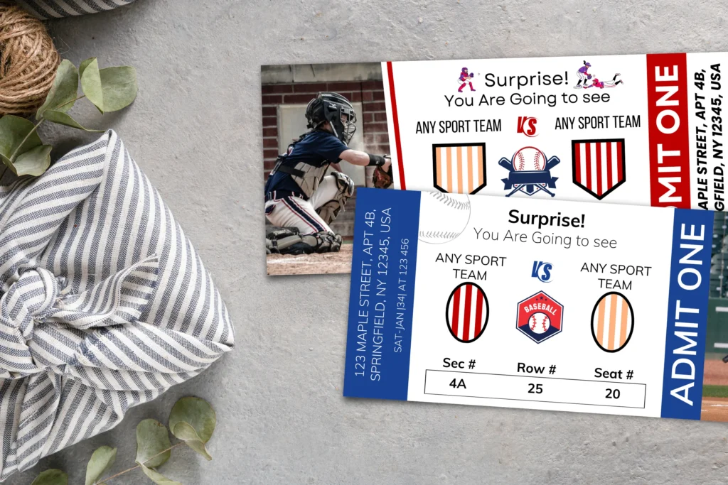 Flat lay of the free baseball ticket template placed with cozy elements and a striped cloth, displaying the two ticket designs side by side in a realistic setting.