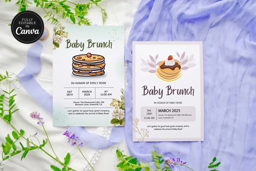 Editable brunch invitation template styled with greenery and modern fonts, great for showers and parties.