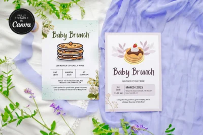 Editable brunch invitation template styled with greenery and modern fonts, great for showers and parties.