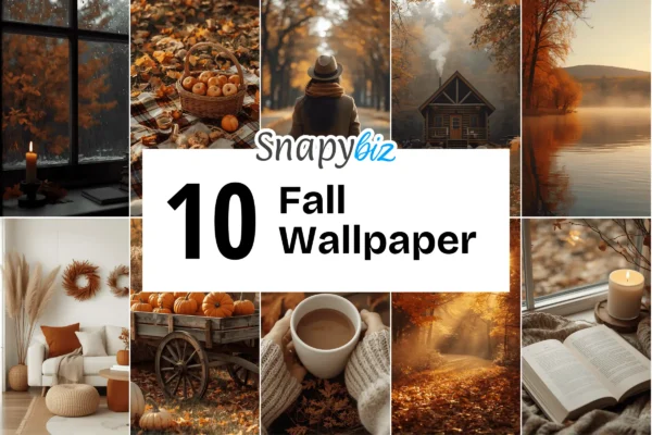 Fall Wallpaper Feature Images 1 Cozy fall wallpaper collection featuring pumpkins, warm coffee, candles, autumn leaves, and rustic cabin scenes in soft golden tones.