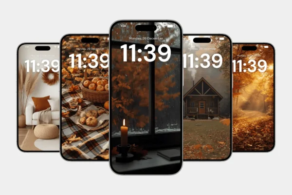 Fall Wallpaper Feature Images 4 Set of cozy fall iphone wallpapers featuring autumn leaves, cabin, candlelight, pumpkins, and warm rustic home decor scenes.