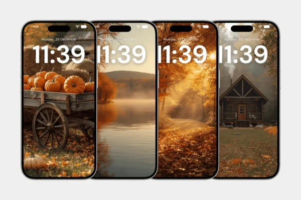 Fall Wallpaper Feature Images 5 Cozy fall iphone wallpapers featuring pumpkins, autumn forest paths, misty lakes, and a warm cabin surrounded by golden leaves.