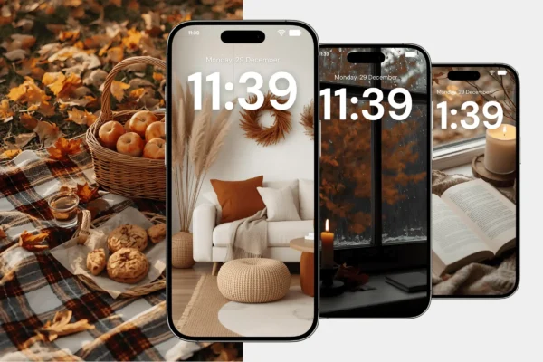 Fall Wallpaper Feature Images 6 Autumn-themed iphone wallpapers showcasing cozy fall scenes with pumpkins, candles, books, home decor, and rustic picnic vibes.